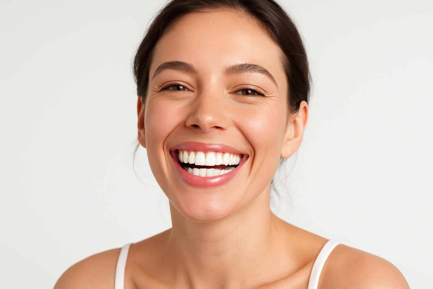 MUJER SONRIENDO TRAS USAR SU BLANQUEADOR DENTAL